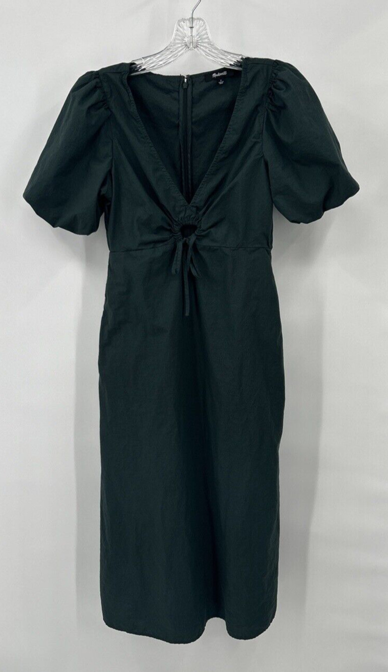 Madewell Midi Dress Womens Size 2 Poplin Cutout Puff Sleeve Green Cottagecore